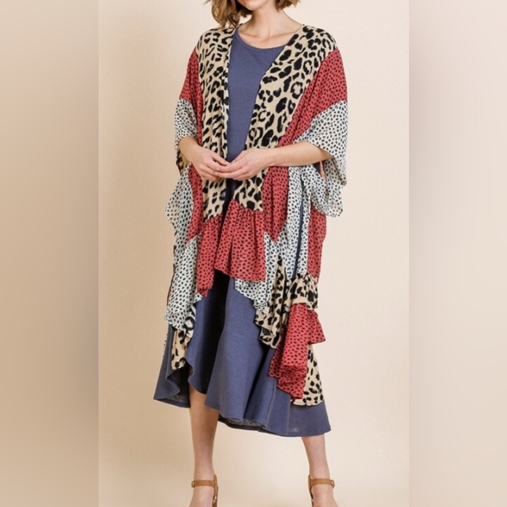 Umgee Animal Print Kimono w/Ruffled Hem